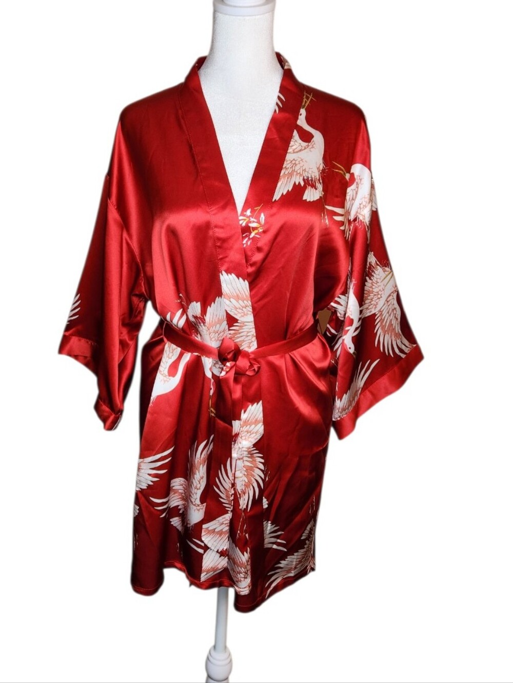 NEW Silksilky 100% Silk Crane Printed Red Short Robe Size Small